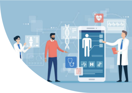 An animation showing medical professionals surrounded by scientific-style icons.